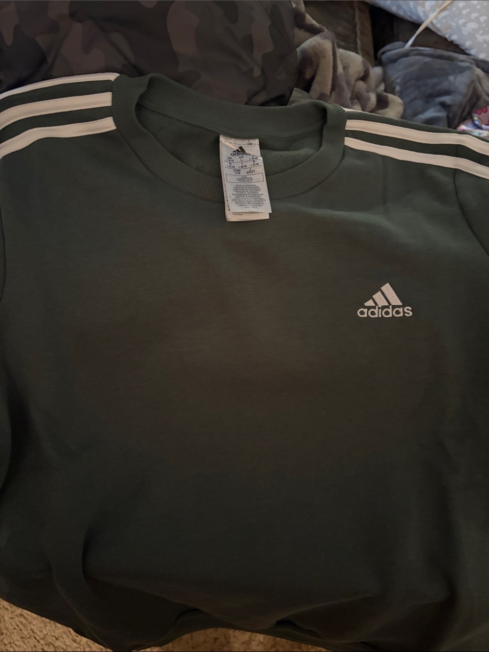 adidas Olive Green Crewneck Sweatshirt with White Stripes